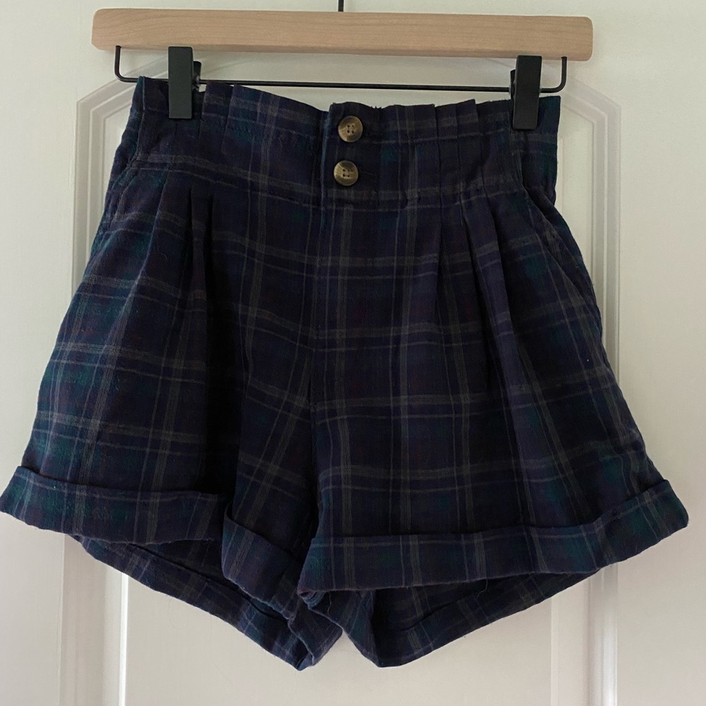 American Eagle Outfitters High Waist Blue and Green Plaid Shorts